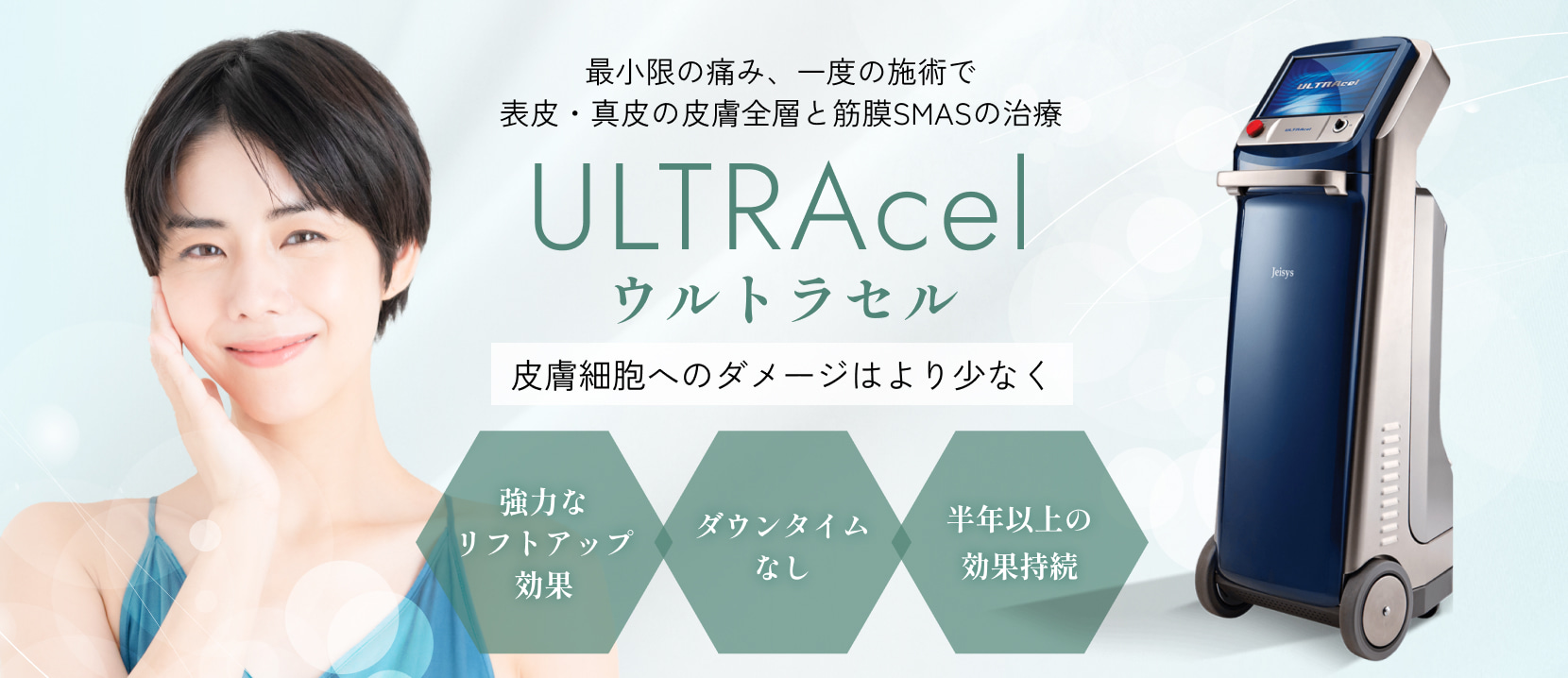 最小限の痛み、一度の施術で
表皮・真皮の皮膚全層と筋膜SMASの治療
ULTRAcel （ウルトラセル）
皮膚細胞へのダメージはより少なく
・強力なリフトアップ効果
・ダウンタイムなし
・半年以上の効果持続