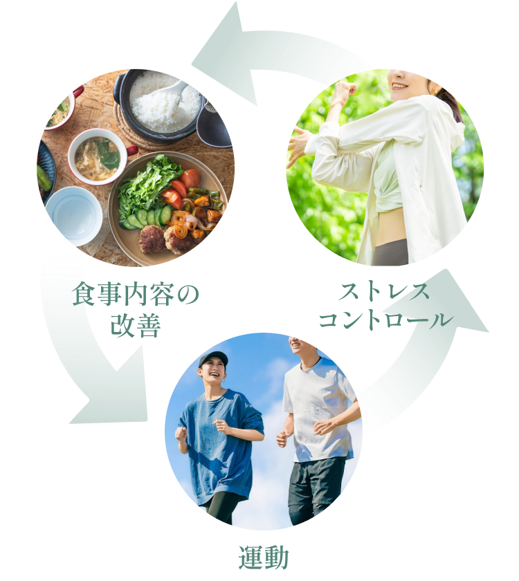 食事内容の改善→運動→ストレスコントロール→食事内容の改善と回る図